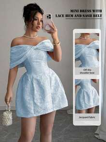 Minifalda de mujer con cuello con lazo y tela de jacquard para primavera/verano con hombros descubiertos - Azul 2 - Ver 7