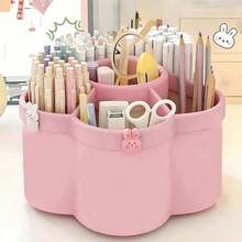 1pc 360° Rotating Desktop Storage Box, 6 Compartments, Durable PP Plastic, Large Capacity Pen Holder, Suitable For Students, Can Hold Makeup Brushes, Pens And Desk Accessories, Creative Minimalist Design, Applicable For Office, Bathroom, Vanity And Home Storage, Compact Indoor Decor, Holiday Gift (Random Sticker Pattern) - Multicolor - View 3