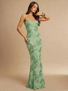 Vestido de tirantes finos maxi ajustado y elegante con diseño floral 3D en color marrón, adecuado para invitada de boda en otoño, fiesta, cóctel, noche, Navidad.Vestido maxi ceñido y con espalda descubierta, apropiado para fiesta de ot - Verde Niebla - Ver 5