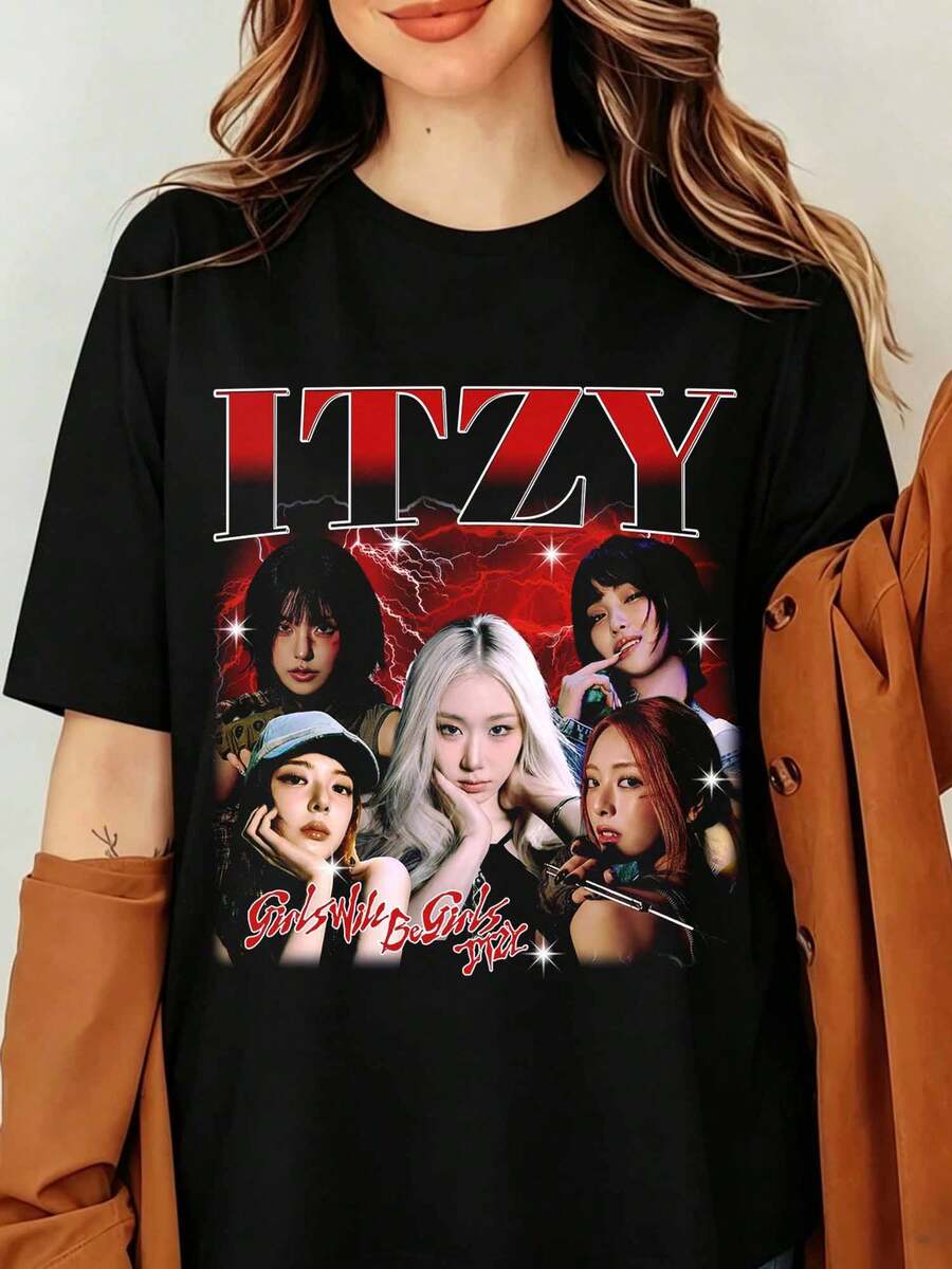 ITZYS K-Pop Girl Group Graphic T-Shirt Yeji Lia Ryujin Chaeryeong Yuna Vintage 90s Bootleg Print Black Oversized Cotton Tee, Streetwear Top, Retro Itzys Graphic T-Shirt, Itzys Girls Will Be Girls Shirt, ITZYS Born To Be 2nd World Tour Shirt, Itzys Twinzy Members Shirt - Black - View 1