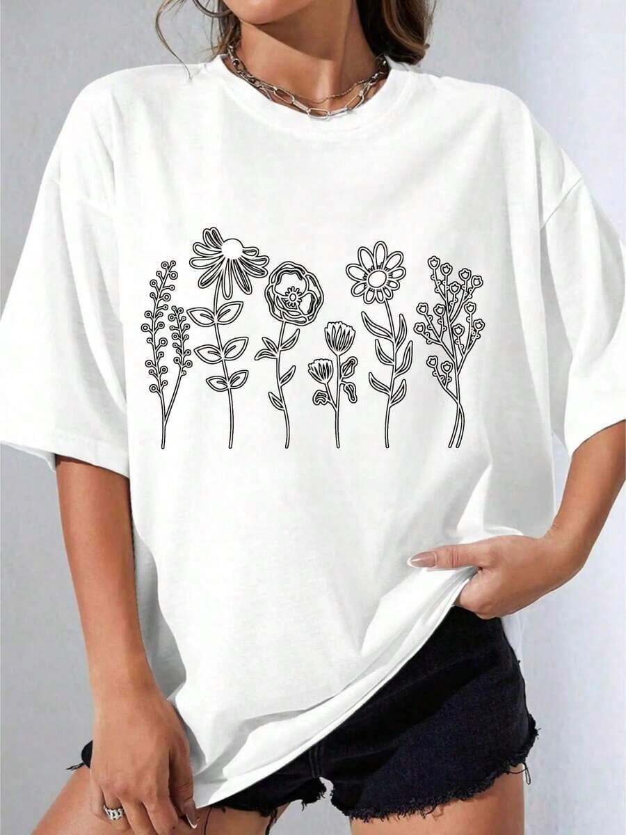 Camiseta de niña de algodón, Camiseta Oversize con Estampado Floral Blanco para Uso Casual, Fiesta al Aire Libre, Camiseta Estampada Casual de 180g - Blanco - Ver 1