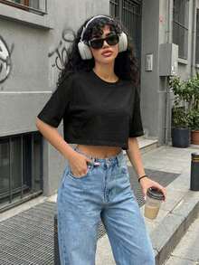 Blusa de mujer de cuello redondo, manga corta, holgada y casual, de estilo minimalista, elegante y sexy Y2K, adecuada para uso diario, oficina, hogar, exterior, primavera/verano - Negro - Ver 4