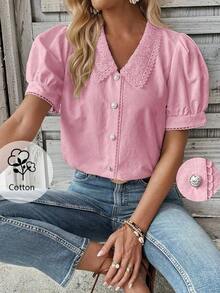 Camisa casual de mujer de manga corta con encaje de contraste - Rosa 2 - Ver 1