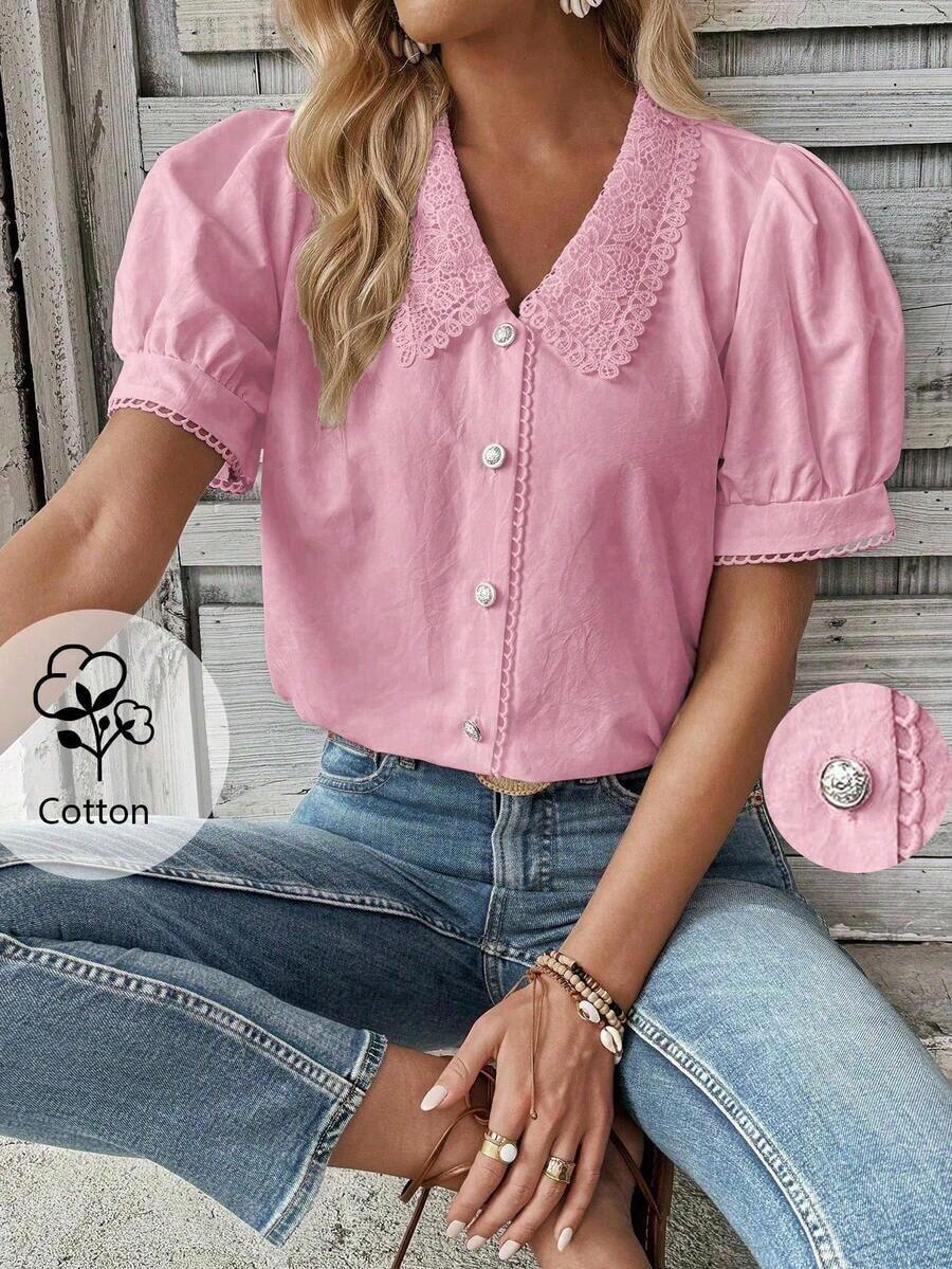 Camisa casual de mujer de manga corta con encaje de contraste - Rosa 2 - Ver 1