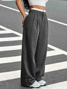 Pantalones anchos de mujer con pliegues y rayas, con cintura de bloques de color para otoño/invierno - Gris - Ver 7