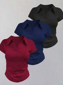 Camiseta casual versátil de mujer con cuello y mangas cortas, plisada y de unicolor - Multicolor 5 - Ver 6