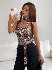 Top de bandeau fruncida con estampado de leopardo y bufanda - Marrón - Ver 4