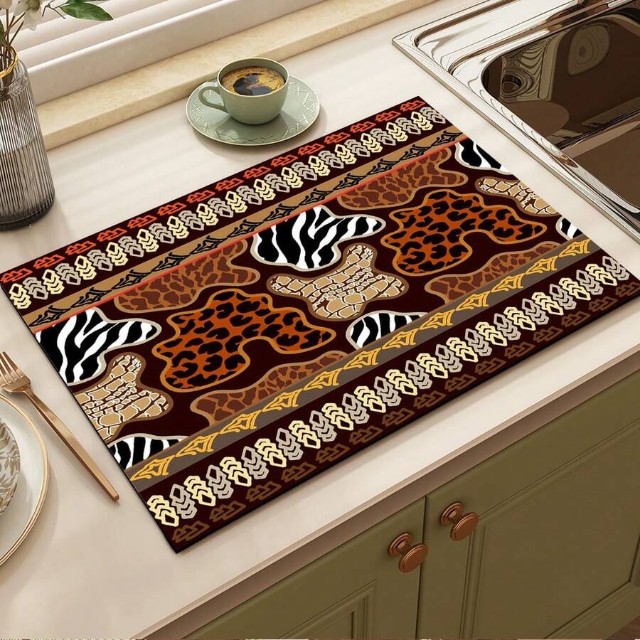 1pc Vintage Print Pattern Absorbent Mat/Drying Mat For Coffee Maker, Tableware - Absorbent Polyester Desktop Protective Mat With Rubber Anti-Slip Pad, For Kitchen Counter Decor, Home Bar And Dining Table - Multicolor - View 1