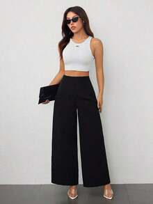 PETITE Pantalones de pierna ancha de textura de cintura alta, de estilo casual y sencillo, apropiados para ir a la escuela o para ir y venir al trabajo - Negro 2 - Ver 4