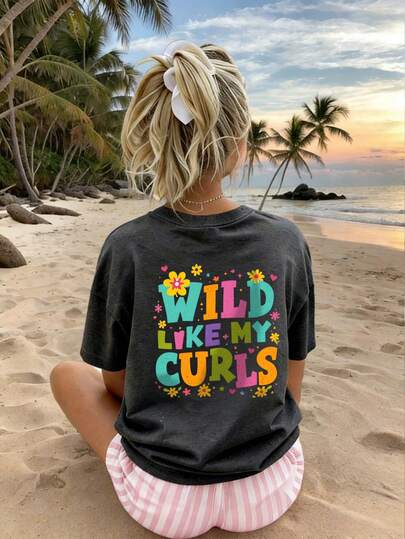 Tween Girls Aesthetic "Wild Like My Curls" T-Shirt, Cute Colorful Floral & Letter Print Oversized Tee, Casual Summer Beach Vibe Top