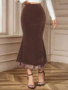 Falda de tubo elegante y de unicolor con ribete de encaje para mujer - Café integral - Ver 3