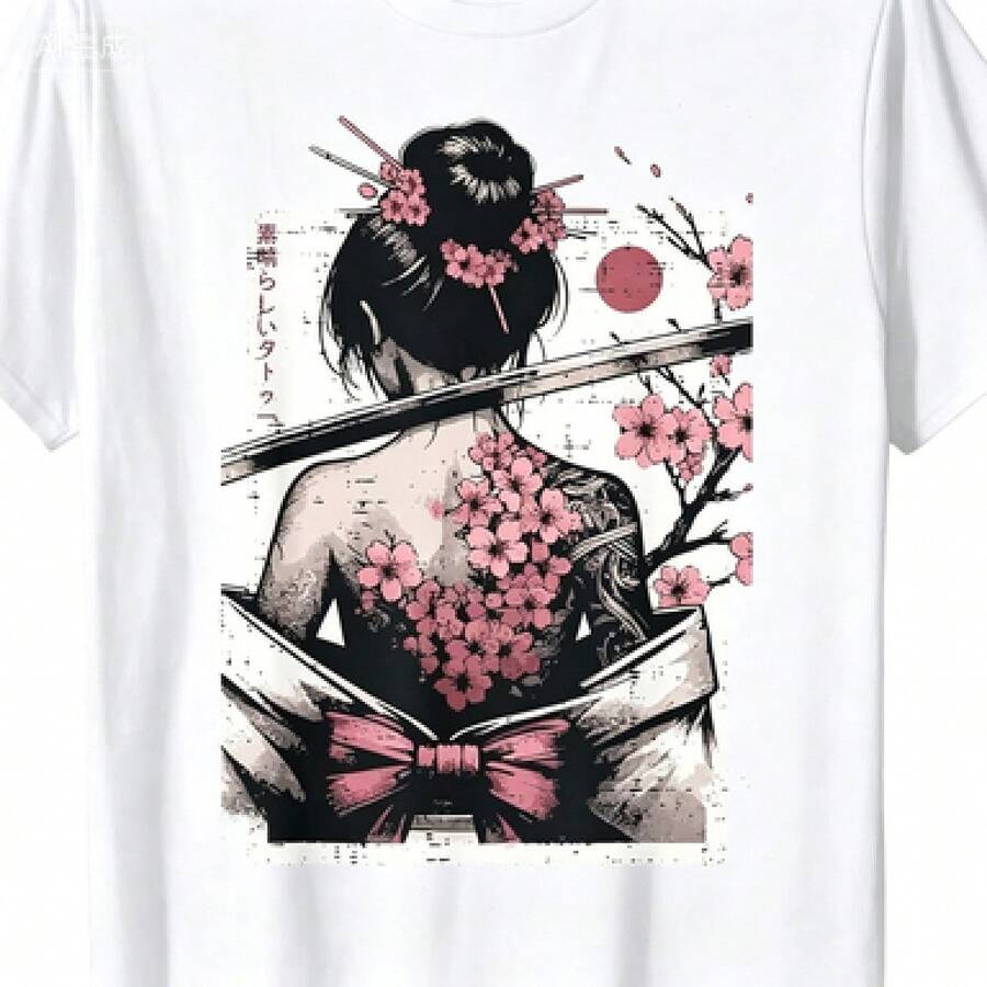 Women's T-Shirt With Geisha And Sakura Print, 100% Cotton, Round Neck, Short Sleeve, Vintage Japanese Design With Katana And Cherry Blossoms, Urban And Aesthetic Style, Ideal For Daily Use, Streetwear And Summer, Soft And Breathable, Look With Attitude - 白色 - 查看 1