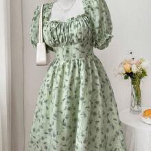 Vestido atado a cuadros florales elegante de talla grande , primavera/verano - Verde - Ver 7