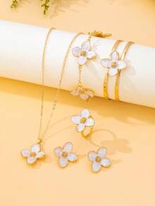 1 Set Fashionable & Sweet Floral Series Jewelry Set Including Necklace/Bracelet/Bangle/Ring/Earrings, Unique Handpainted Enamel Flower Petals, Suitable For Women's Daily Wear And Parties - Four Cornus Set - View 7