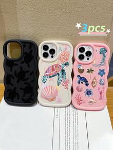 Bộ 3 ốp lưng điện thoại in hình rùa biển, viền lượn sóng, chất liệu TPU mềm dẻo chống sốc, phong cách bãi biển mùa hè, tương thích với iPhone 15/14/13/12/17 Pro Max & Galaxy S25 Ultra, thích hợp sử dụng hàng ngày hoặc làm quà tặng, giao hàng nhanh. - Nhiều màu - Xem 1
