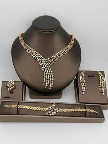 Luxury 4-Piece Jewelry Set: White Zirconia Necklace, Earrings, Ring, Bracelet, Elegant Bridal Jewelry Set For Wedding, Party, Mother's Day Luxury Gift - Gold - View 5