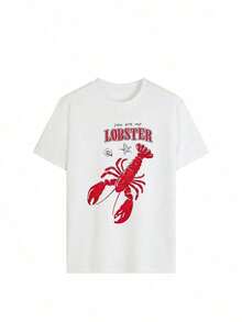 Camiseta Casual Premium para Mujer con Estampado Gráfico de Criatura Marina "You Are My Lobster", Estilo Vintage, Oversize, Manga Corta, Cuello Redondo, Estética Y2K, Ropa Urbana para Parejas en la Playa, Ligera, Transpirable y Cómoda para Uso Diario, Ideal para Vacaciones en la Playa, Escapadas al Mar, Vacaciones de Verano, Fiestas en la Piscina, Salidas Románticas a la , Celebraciones de Aniversario, Regalo para Parejas y Amantes del Océano, Ecológica. - Blanco - Ver 3