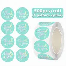 500pcs/Roll Holographic "Thank You" Stickers, Green Foil, Blue Foil Sealing Stickers For Handmade/Party Boxes/Cake, 1 Inch Adhesive Labels Suitable For Convenience Stores, Supermarkets, Bakeries, Milk Tea Shops, Coffee Shops - Cartoon - View 1