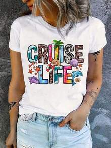 1 Piece PAYEAH 1 Piece Crew Neck T-Shirt With "Vibrant Cruise Life" Letter Print, 100% Cotton, 180g. - 白色 - 查看 10
