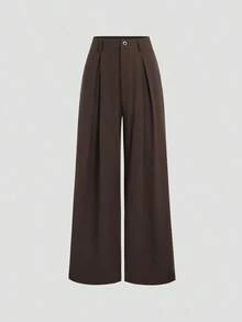 Pantalones anchos de mujer vintage elegantes con textura y plisados, para otoño/invierno - Café integral - Ver 1