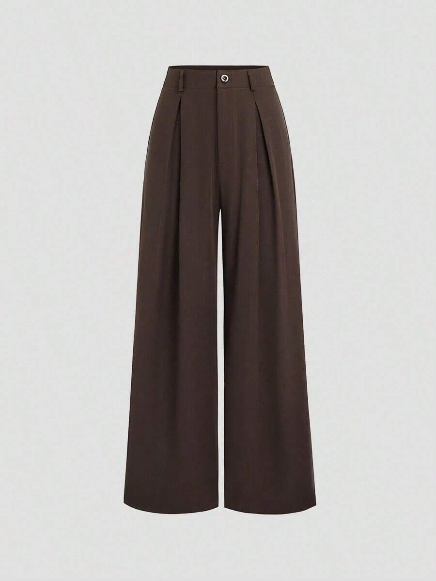Pantalones anchos de mujer vintage elegantes con textura y plisados, para otoño/invierno - Café integral - Ver 1