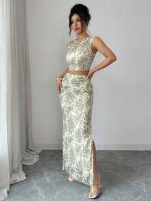 Raffinéa Vestido ajustado de mujer con abertura, de malla con efecto tie-dye degradado sin mangas, conjunto de 2 piezas - Verde - Ver 6