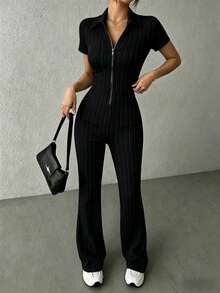 KKONE Two-Piece Set: Plain Color Crop Top And Bell Leg Pants - Black - View 4