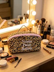 Leopard Print Women's Travel Makeup Bag, Portable Waterproof Cosmetic Storage Box, Leopard Contrast Color Makeup Organizer Bag, Can Be Laid Flat To Open, Suitable For Toiletries And Makeup Brushes - Multicolor - View 13