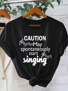 New Fashionable Women's T-Shirt, Fun And Original, With "CAUTION Maytartinging" Print, Short Sleeve, 1 Piece, Energetic T-Shirt, Festive And Eye-Catching Streetwear For Women, Fashionable Round Neck T-Shirt Spring/Summer 2026, Simple Casual Loose Fit Top, Vintage Style, Unisex Cotton Short Sleeve Round Neck T-Shirt. - 黑色 - 查看 7