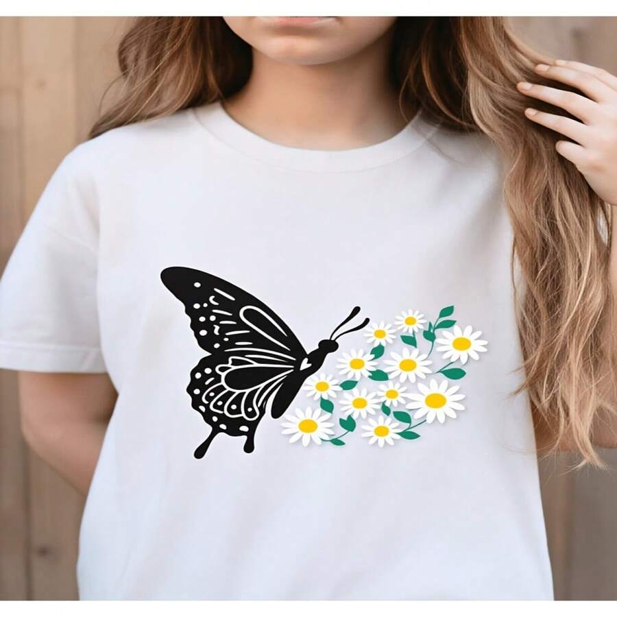 Women's Casual Cotton Round Neck Short Sleeve T-Shirt with Butterfly and Floral Print, High Stretch Regular Fit Tee - Blanco - Ver 1