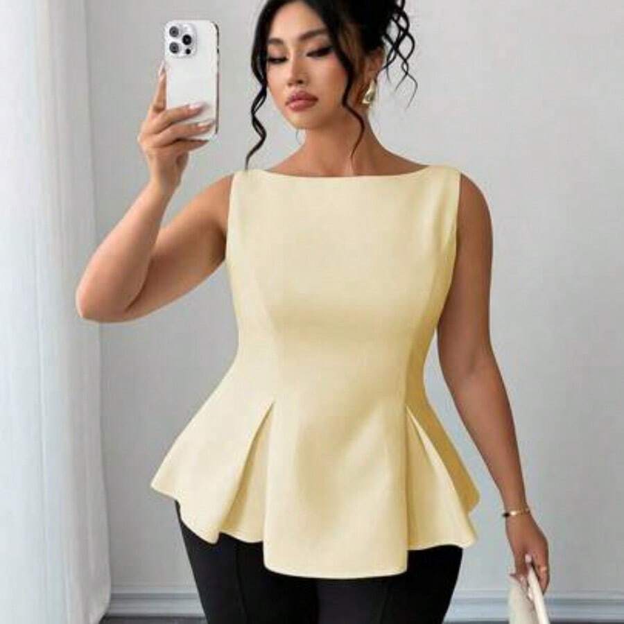 Plus Size Women's Cream Almond Off-Shoulder Split-Front A-Line Dress With Ruffle Hem, Elegant French Romantic Vintage Commute Business Beach Casual Minimalist Versatile, New Spring/Summer Wedding Party Afternoon Tea Women Elegant Outfits Tops For Women Elegant Classy Peplum Tops Women Latest Tops For Women New Arrivals Peplum Top Curve - Amarillo - Ver 1