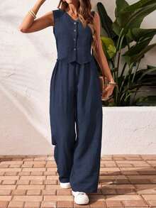 Frenchy Set de 2 piezas para mujer con top sin mangas de cuello en V de un solo abotonado de unicolor y pantalones rectos sueltos y cómodos de estilo minimalista / Set de 2 piezas para mujer con top sin mangas con volantes y pantalones anchos de color azul marino, adecuado para uso diario casual en primavera/otoño - Azul marino - Ver 7