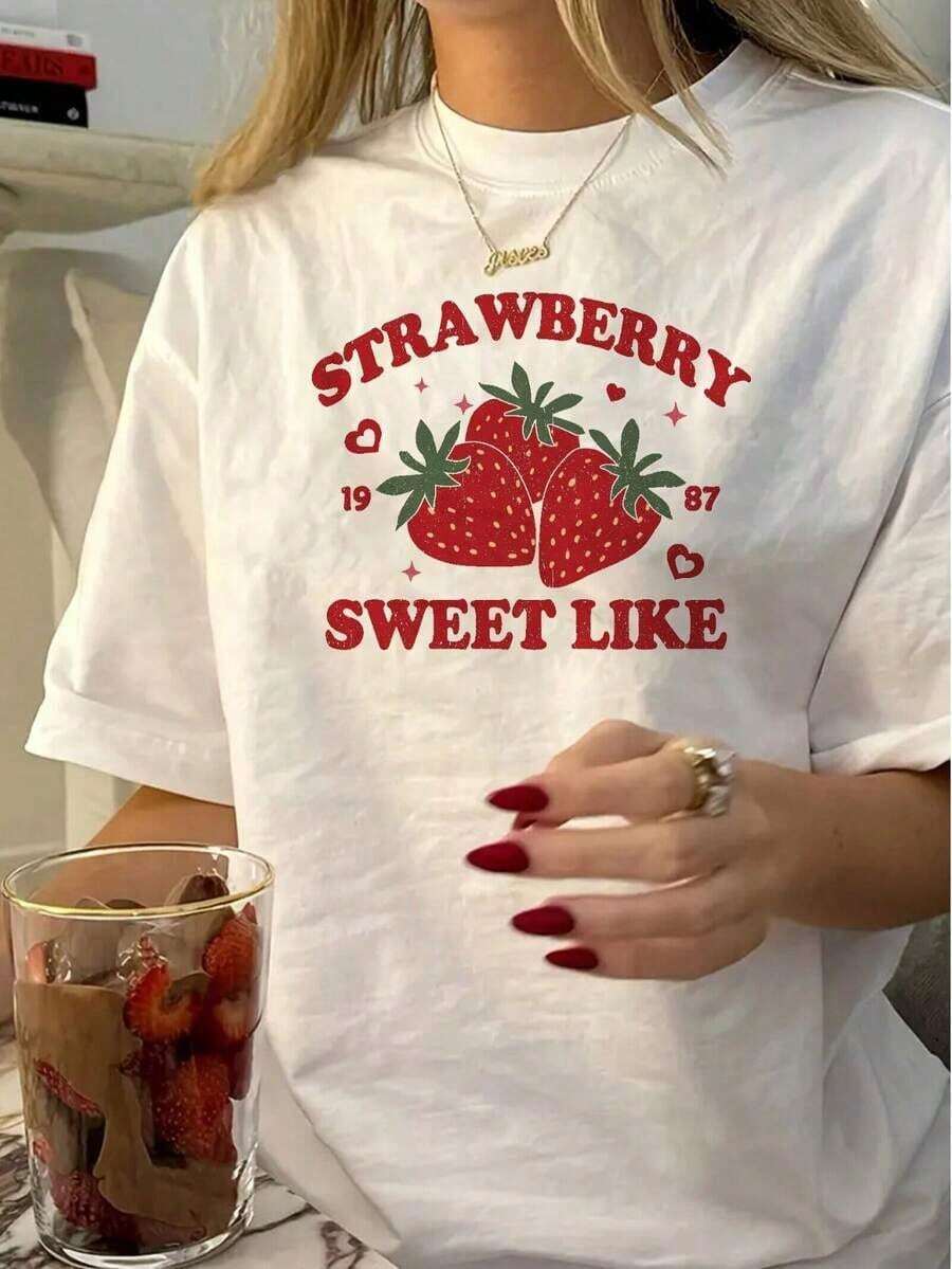 Camisetas manga corta mujer Camiseta de algodón con estampado "Strawberry Sweet Like"casual de moda para mujer - Blanco - Ver 1