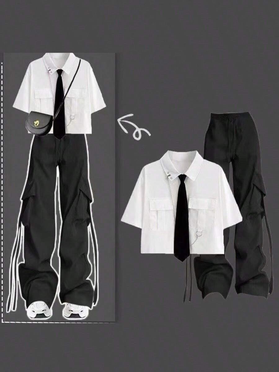 Women Two-Piece Outfits - White Top + Drawstring Pants - View 1