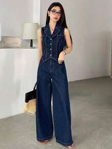 Conjunto de 2 piezas de mujer con chaleco abierto en la parte delantera y pantalones de pierna ancha de mezclilla - Azul lavado oscuro - Ver 4