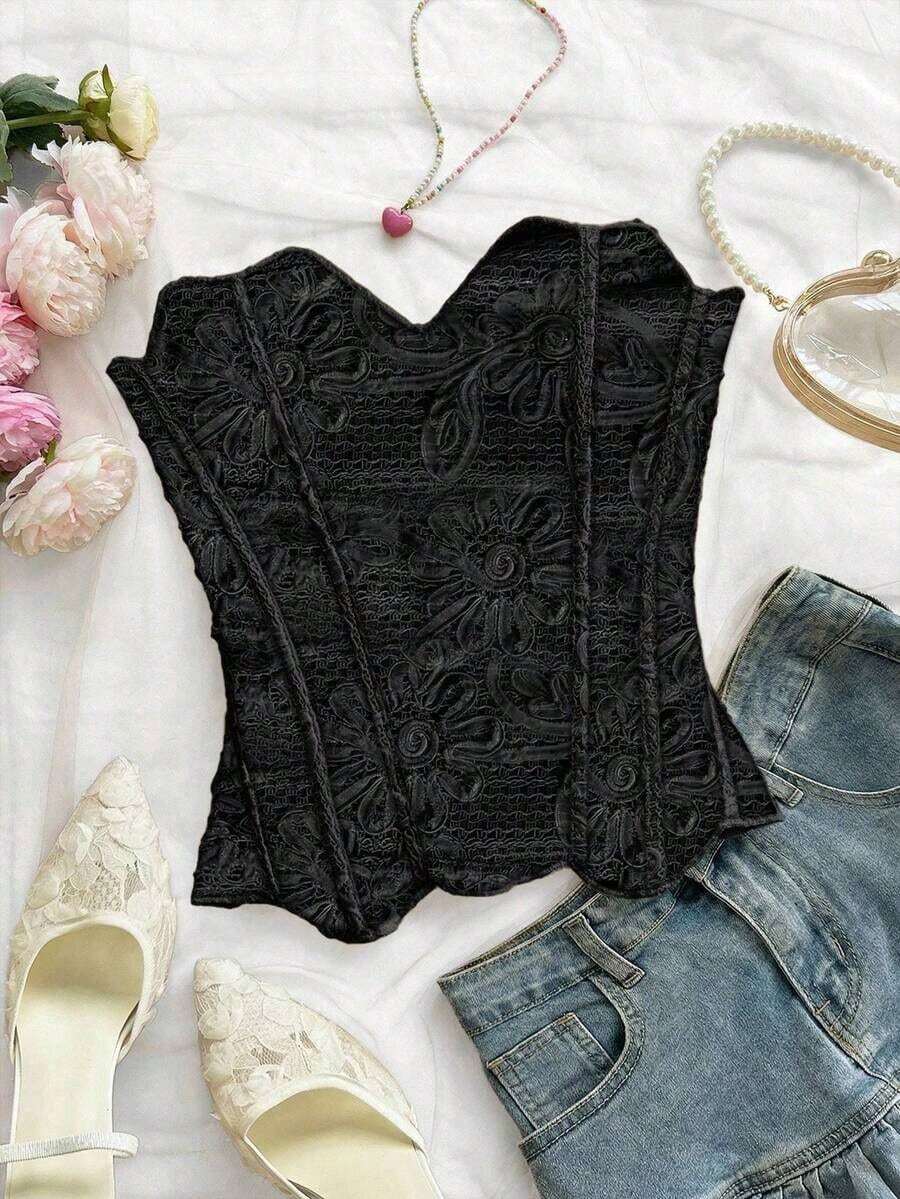 Top bandeau con textura floral para mujer - Negro 2 - Ver 1