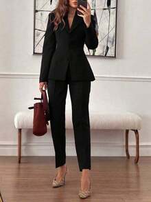 Set de 2 piezas: Chaqueta tipo blazer ajustada y elegante + Pantalones hasta el tobillo, adecuado para negocios, ir al trabajo y uso diario, color negro, primavera - Negro - Ver 5