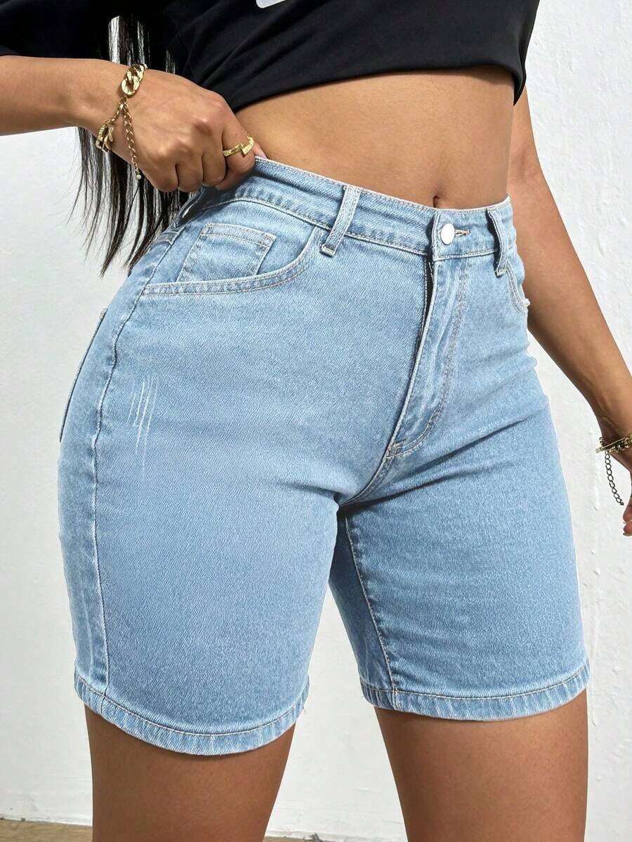 Shorts vaqueros elásticos de corte ajustado con decoración de bigotes de gato para mujer, estilo casual de verano, adecuados para vacaciones, playa, conciertos, festivales de música, creando - Lavado ligero - Ver 1