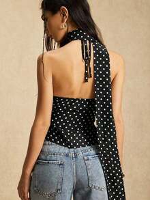 Camiseta sin espalda con lunares blancos para mujer, pieza de lencería sexy para primavera/verano, crea un look casual retro, adecuada para ocasiones de vacaciones - Negro - Ver 2