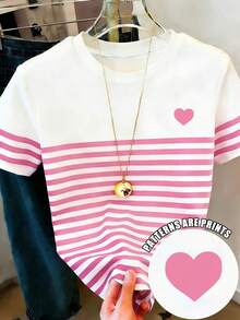 Camiseta de manga corta con cuello redondo y lazo a rayas, de estilo casual para el verano - Multicolor 2 - Ver 1