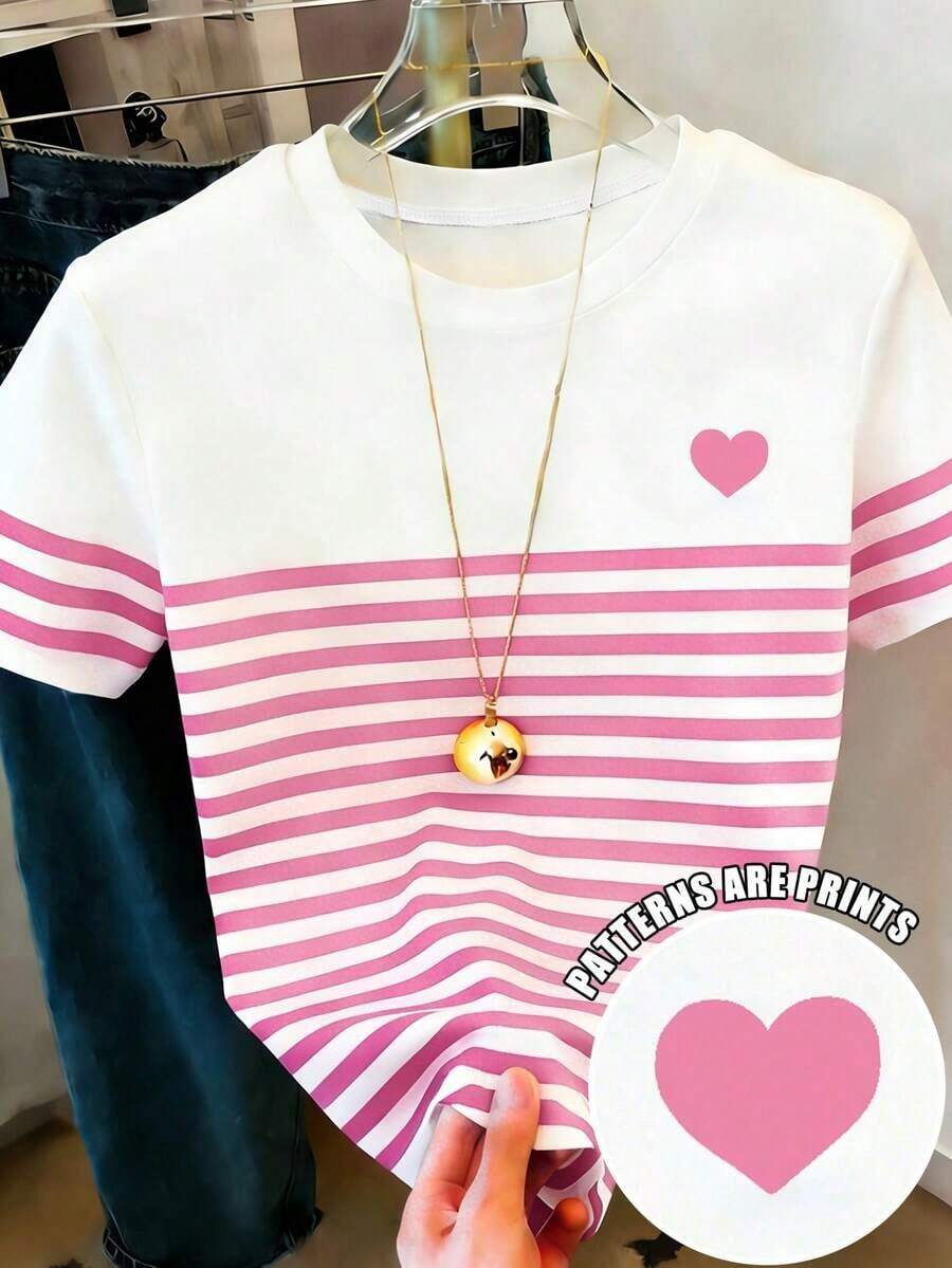 Camiseta de manga corta con cuello redondo y lazo a rayas, de estilo casual para el verano - Multicolor 2 - Ver 1