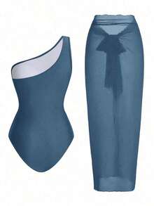 Traje de baño de una pieza de unicolor, asimétrico en el hombro, de moda para el verano y la playa, de estilo minimalista - Azul - Ver 2