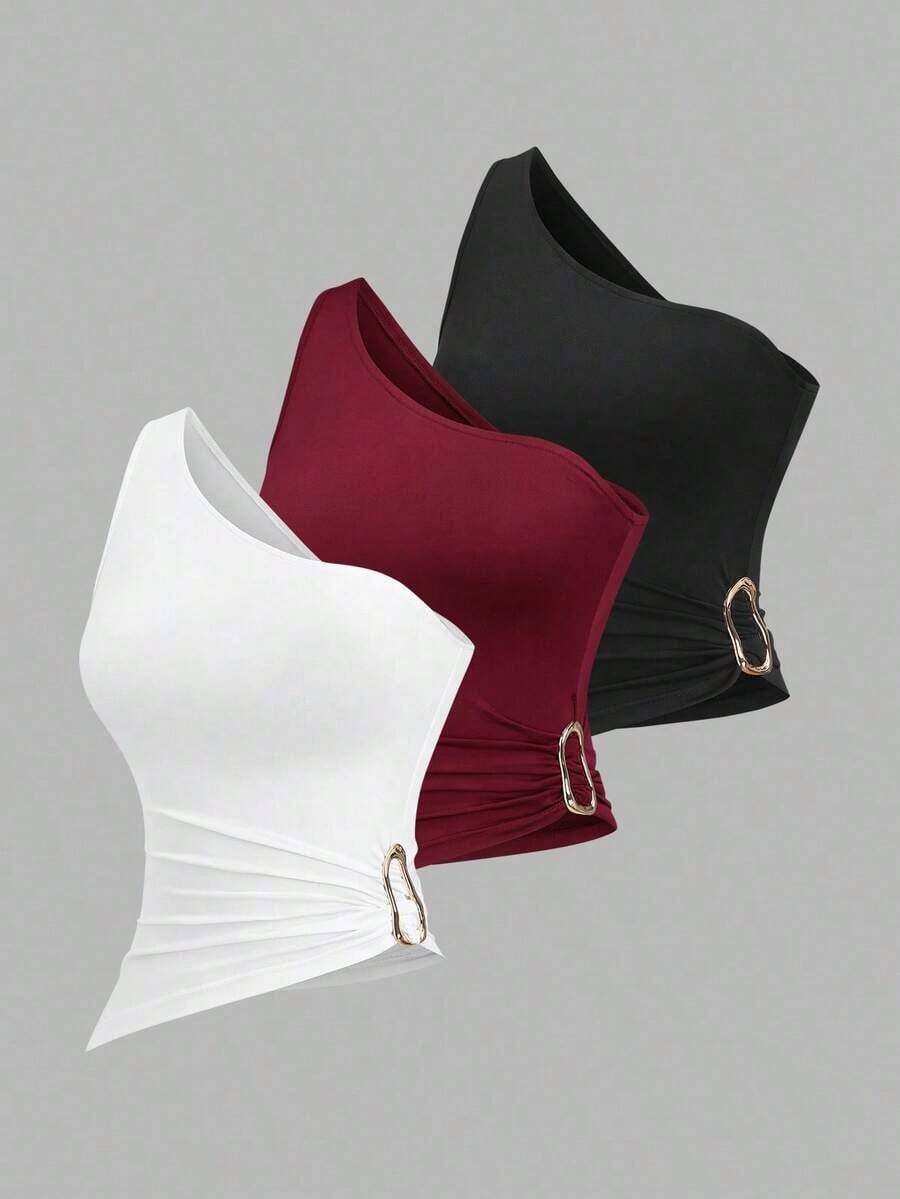 Conjunto de blusa con cuello asimétrico, un solo hombro y decoración de hebilla metálica, adecuado para vacaciones en la playa - Multicolor 2 - Ver 1