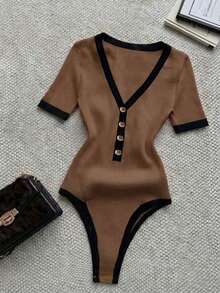 Body de mujer casual con ribete de color contrastante, verano - Marrón - Ver 1