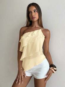 Nueva blusa elegante y romántica de primavera/verano para citas, Día de San Valentín, temporada de bodas, de gasa rosa con un hombro, espalda descubierta, volantes en capas, blusa sexy con volantes para la playa, atuendo de boda, camisa rosa elegan - Beis - Ver 5