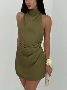 Vestido mini plisado de mujer con espalda abierta y atado - Verde militar - Ver 5