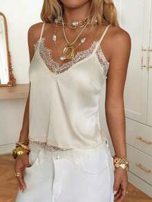 Camiseta de tirantes de mujer de verano, de unicolor con parches de encaje - Beis - Ver 3