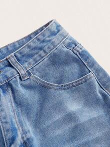 Shorts vaqueros de tiro alto enrollados para verano - Azul - Ver 5