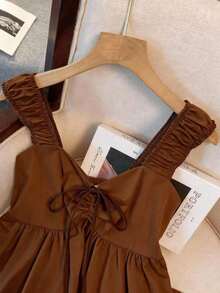 Blusa de estilo vintage para vacaciones con estampado de lunares, fruncida y con nudo delantero, para verano - Marrón - Ver 4