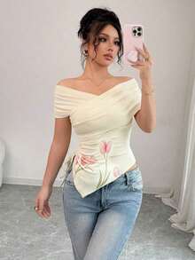 Camiseta de manga corta casual y sin hombros para mujer, de verano - Albaricoque 3 - Ver 6